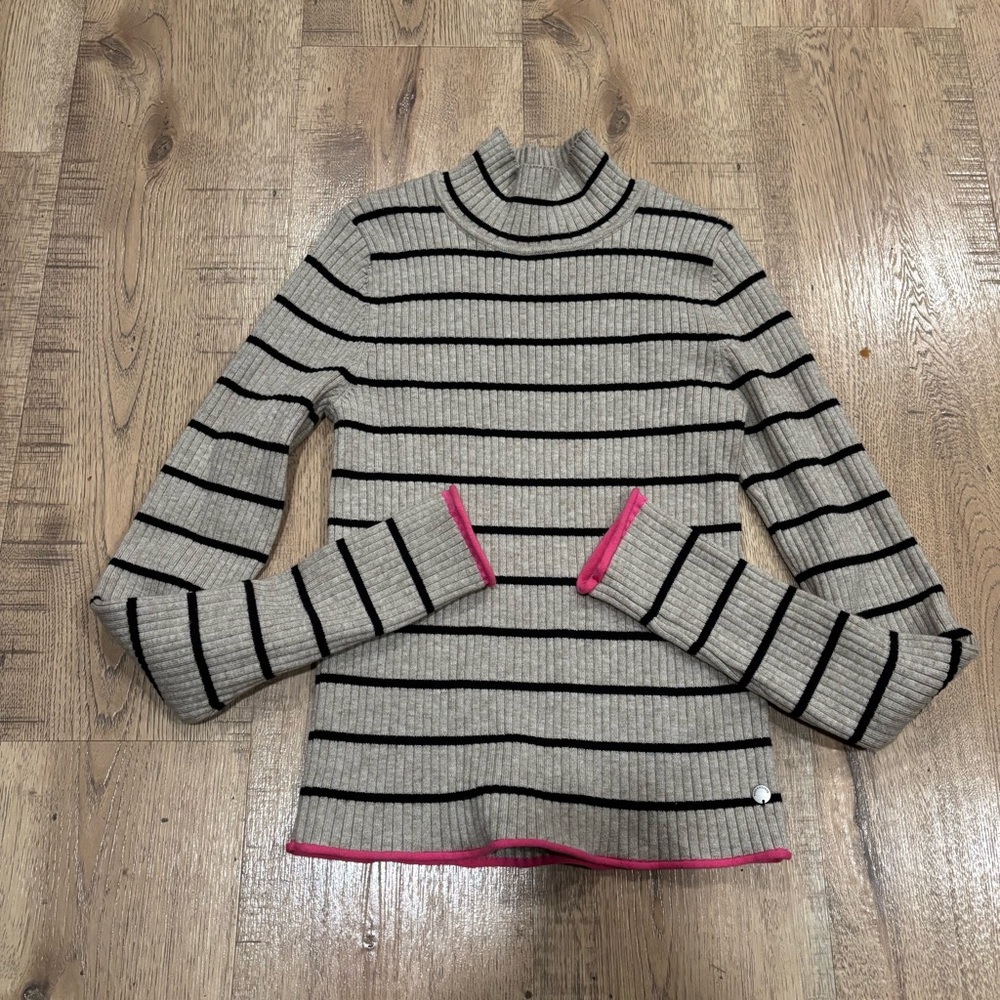 Y2K style Tiny Tight Striped Mock Neck Sweater in Beige with Black Stripes